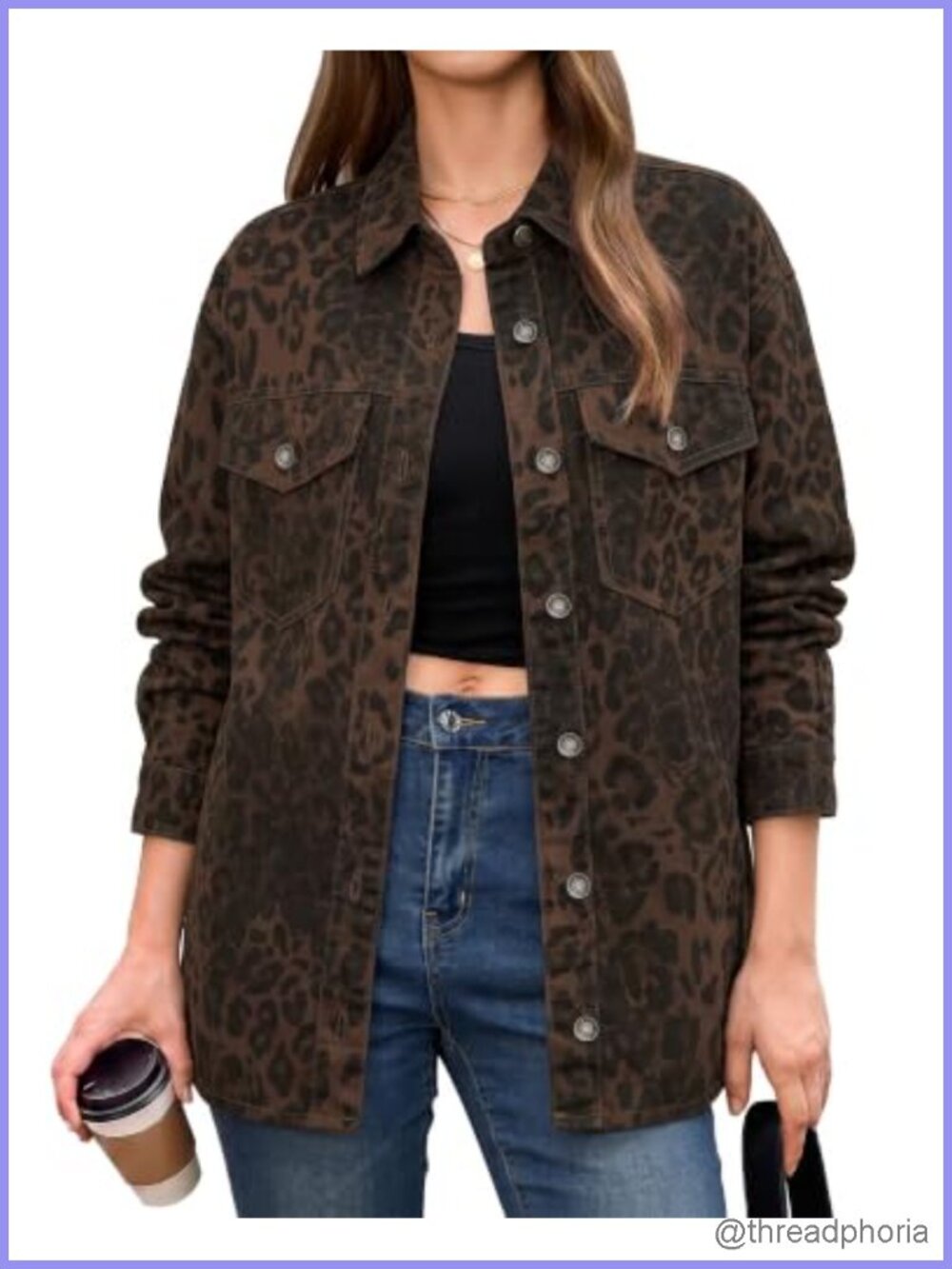 Leopard Print Oversized Denim Shacket Button Down Long Sleeve Jean Jacket